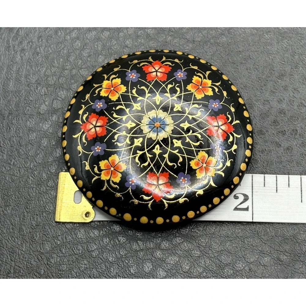 Vintage Uzbekistan Hand Painted Lacquer Floral Brooch Pin Black Gold Red Yellow